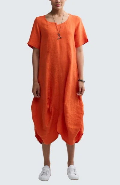 Luukaa Yalina Solid Linen Balloon Dress In Orange