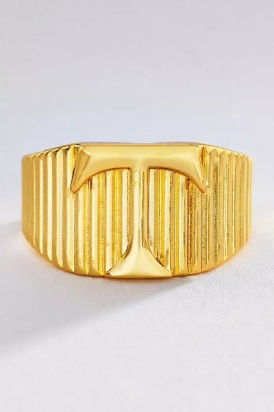 Luv Aj Initial Ridged Signet Ring In Gold