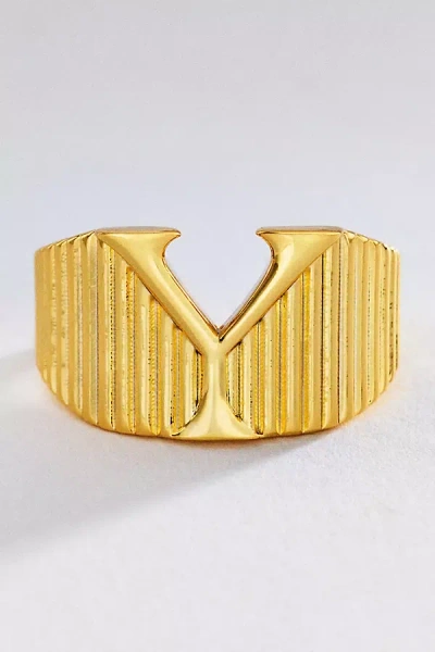Luv Aj Initial Ridged Signet Ring In Gold
