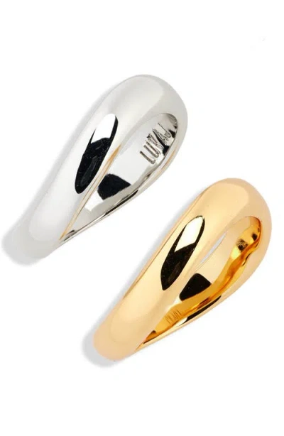 Luv Aj Set Of Two Wave Stackable Rings In Gold And Silver