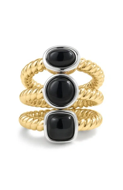 Luv Aj The Midnight Mesa Black Agate Set Of 3 Rings In Gold