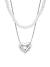 LUV AJ WOMEN'S SILVERTONE & 2MM FRESHWATER PEARL LAYERED HEART NECKLACE