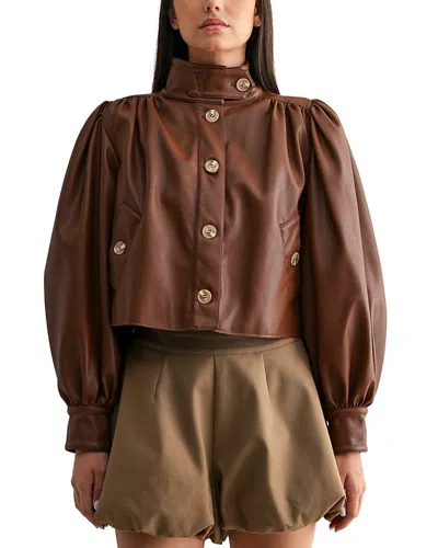 Luvee Mable Faux Leather Puff Sleeve Jacket In Brown