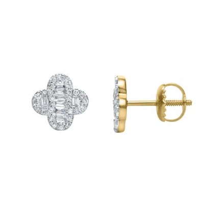 Luvmyjewelry Alina Baguette & Round-cut Diamond Clover Stud Earrings In Gold