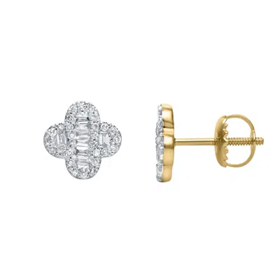 Luvmyjewelry Alina Baguette & Round-cut Diamond Clover Stud Earrings In 14k Gold