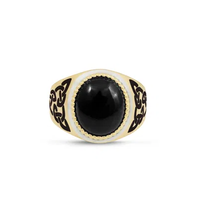 Luvmyjewelry Black Onyx Sterling Silver Men Signet Ring With Enamel In Yellow