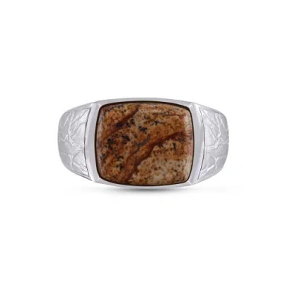 Luvmyjewelry Brown Picasso Jasper Stone Signet Ring In 14k Yellow Gold Plated Sterling Silver