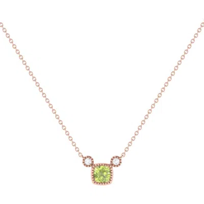 Luvmyjewelry Cushion Cut Peridot & Diamond Birthstone Necklace In Rose Gold