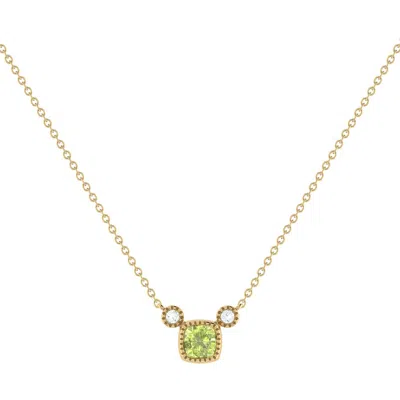 Luvmyjewelry Cushion Cut Peridot & Diamond Birthstone Necklace In Yellow Gold