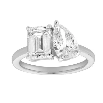 LUVMYJEWELRY EVERMORE 14K GOLD TOI ET MOI EMERALD AND PEAR LAB GROWN DIAMOND RING - 3 CT