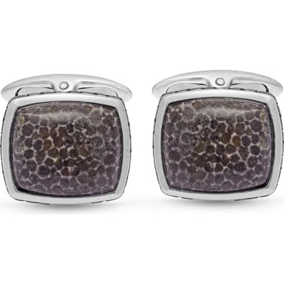 Luvmyjewelry Fossil Agate Stone Cufflinks In Black Rhodium Plated Sterling Silver In White