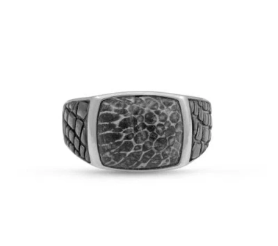 Luvmyjewelry Fossil Agate Stone Signet Ring In Black Rhodium Plated Sterling Silver In Grey