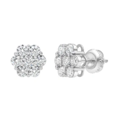 Luvmyjewelry Mirage 14k White Gold Flower Cluster Diamond Unisex Earrings In Metallic