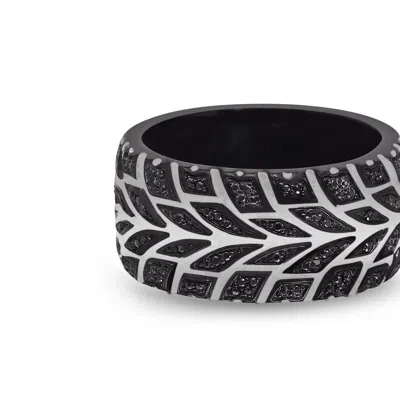 Luvmyjewelry Racer Swag Black Rhodium Plated Sterling Silver Tire Tread Black Diamond Band Ring In Grey
