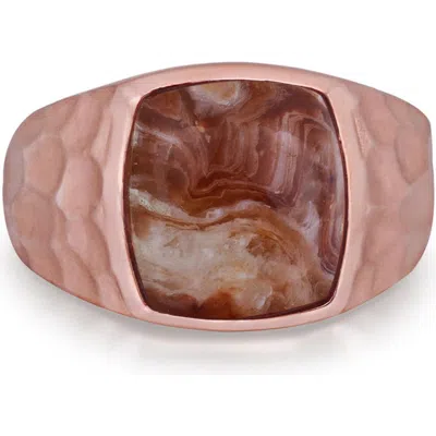 Luvmyjewelry Red Lace Agate Sterling Silver Textured Men Signet Ring In 14kt Rose Gold Vermeil