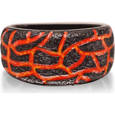 Luvmyjewelry Rivers Of Fire Black Rhodium Plated Sterling Silver Textured Red Orange Enamel Band Rin In Dark Grey