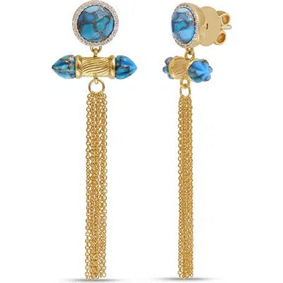 Luvmyjewelry Sunkissed Design Yellow Gold Plated Silver Turquoise Gemstone Diamond Fringe Earring In 14kt Gold Vermeil On Sterling
