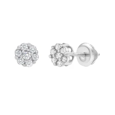 Luvmyjewelry Velvet 14k White Gold Flower Cluster Diamond Unisex Earrings - 0.22 Ct In Silver