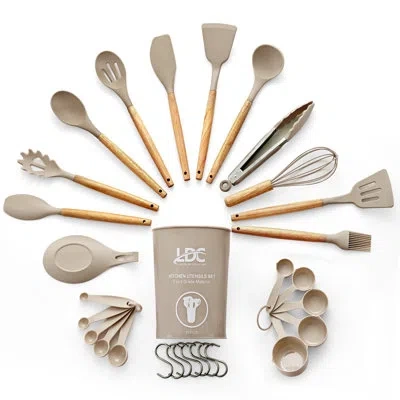 Lux Decor Collection 35 Pcs Kitchen Utensils Set Non Stick Silicon With Wooden Handles In Khaki