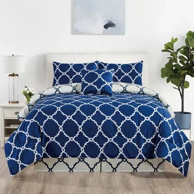 Lux Decor Collection 5 Piece Comforter Set Reversible Down Alternative Comforter Duvet Insert In Quatrefoil Navy