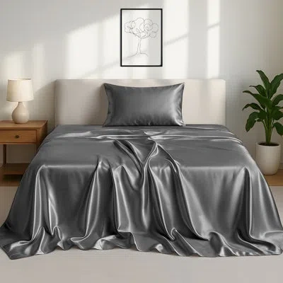Lux Decor Collection Lux Decor 4-piece Satin Sheets 100% Polyester Luxury Silky Soft Woven Fabric Deep Pocket Fitted Shee In Dark Gray