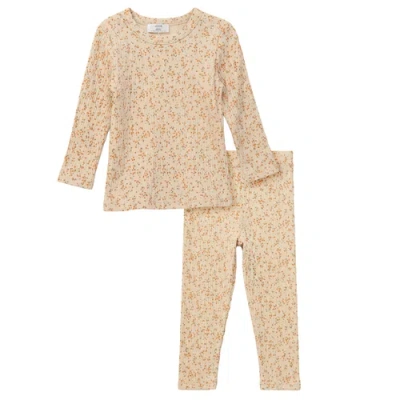 Lux Regular Kids'  Floral Cotton Rib Long Sleeve Top And Elastic Waist Pants Set In Neutral