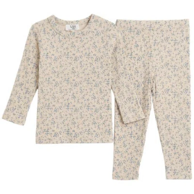 Lux Regular Kids'  Floral Cotton Rib Long Sleeve Top And Elastic Waist Pants Set In Neutral
