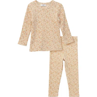 Lux Regular Babies'  Floral Cotton Rib Long Sleeve Top And Pants Two Piece Set In Neutral
