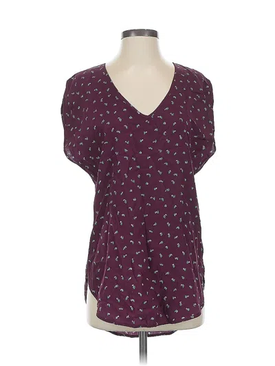 Pre-owned Lux Short Sleeve Silk Top Burgundy Hearts Pattern V Neck Tops