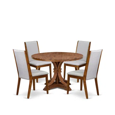 Luxe By East West Furniture 5-pc Dining Set A Pedestal Breakfast Table, 4 Grey Linen Fabric Modern Chairs