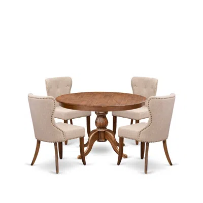 Luxe By East West Furniture 5-pc Dining Set A Pedestal Dining Table & 4 Light Tan Linen Fabric Padded Chairs