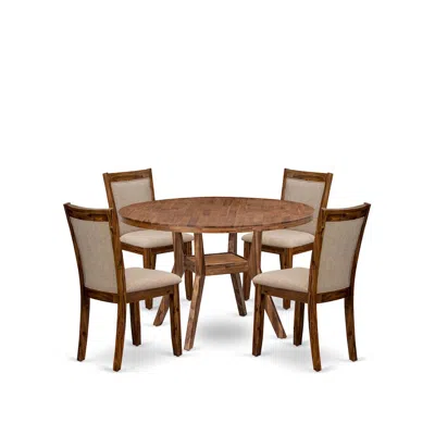 Luxe By East West Furniture 5-pc Dining Set A Pedestal Dinner Table, 4 Light Tan Linen Fabric Kitchen Chairs