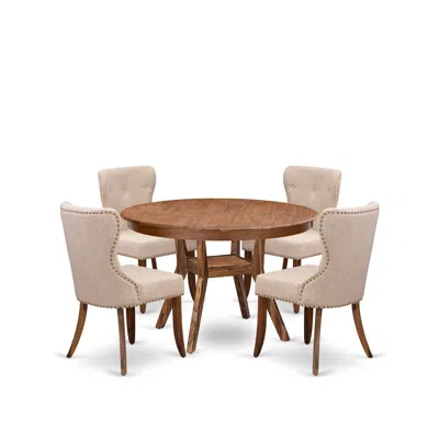 Luxe By East West Furniture 5-pc Dining Set Of A Pedestal Kitchen Table, 4 Light Tan Fabric Kitchen Chairs