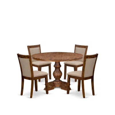 Luxe By East West Furniture 5-pc Kitchen Set A Pedestal Breakfast Table, 4 Light Tan Fabric Dining Chairs