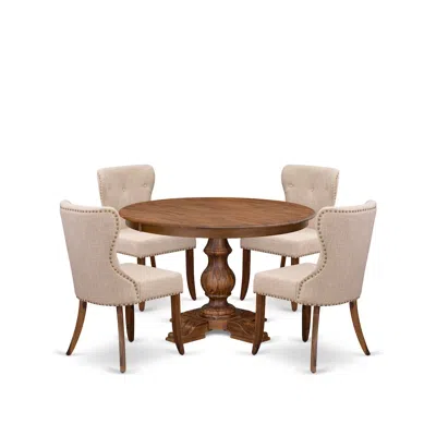 Luxe By East West Furniture 5-pc Kitchen Set A Pedestal Wooden Table, 4 Light Tan Fabric Kitchen Chairs