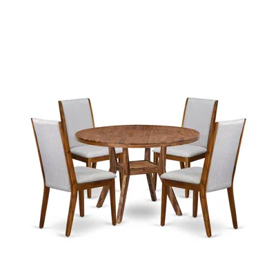 Luxe By East West Furniture 5-pc Mid-century Kitchen Set A Pedestal Table, 4 Grey Fabric Kitchen Chairs