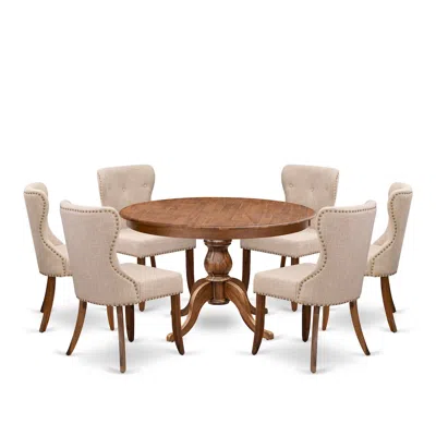 Luxe By East West Furniture 7-pc Dining Set Of A Pedestal Dinner Table, 6 Light Tan Fabric Parson Chairs