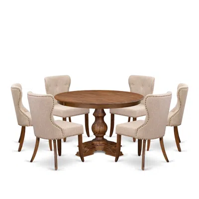 Luxe By East West Furniture 7-pc Kitchen Set Of A Pedestal Dining Table, 6 Light Tan Fabric Kitchen Chairs