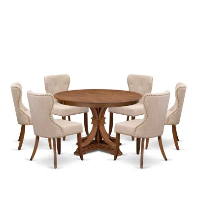 Luxe By East West Furniture 7-pc Kitchen Table Set Of A Pedestal Dining Table, 6 Light Tan Fabric Chairs