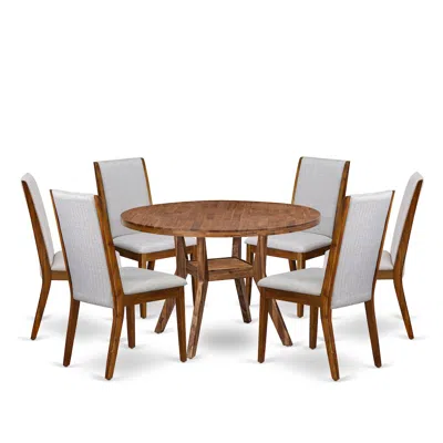 Luxe By East West Furniture 7-pc Modern Dining Set Of A Pedestal Dinner Table, 6 Grey Fabric Dinner Chairs