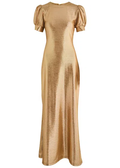 Luxe De Valentina Como Metallic-voile Maxi Dress In Gold
