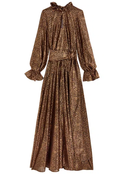 Luxe De Valentina Fiesta Leopard-print Metallic-voile Maxi Dress In Gold