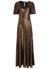 Luxe De Valentina Fluted Como Metallic Jersey Gown In Brown