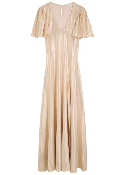 Luxe De Valentina Fluted Como Metallic-voile Maxi Dress In Gold