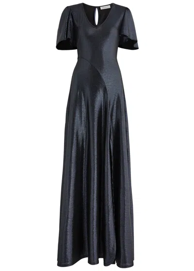 Luxe De Valentina Fluted Como Metallic-voile Maxi Dress In Navy