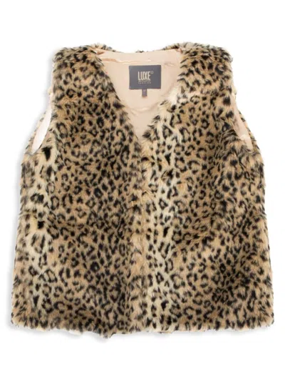 Luxe Faux Fur Kids' Women's Leopard Print Faux Fur Vest In Brown