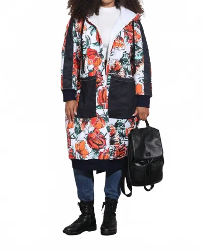Luxe Moda Floral Hooded Coat In Denim/black In Multi