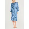 Luxely Abstract Print Long Sleeve Satin Midi Dress In Multi