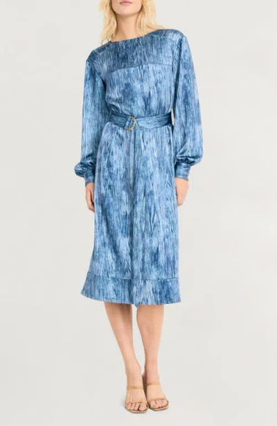 Luxely Abstract Print Long Sleeve Satin Midi Dress In Vintage Indigo/navy