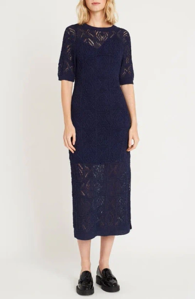Luxely Ash Pointelle Stitch Jumper Dress In Evening Blue